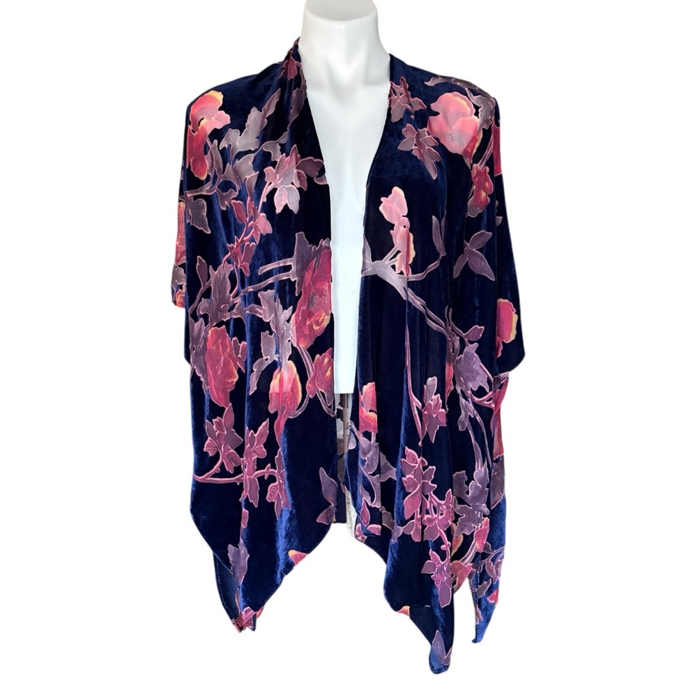 Bohemian Velvet Burnout Kimono Floral  Wrap Navy & Magenta – One Size
